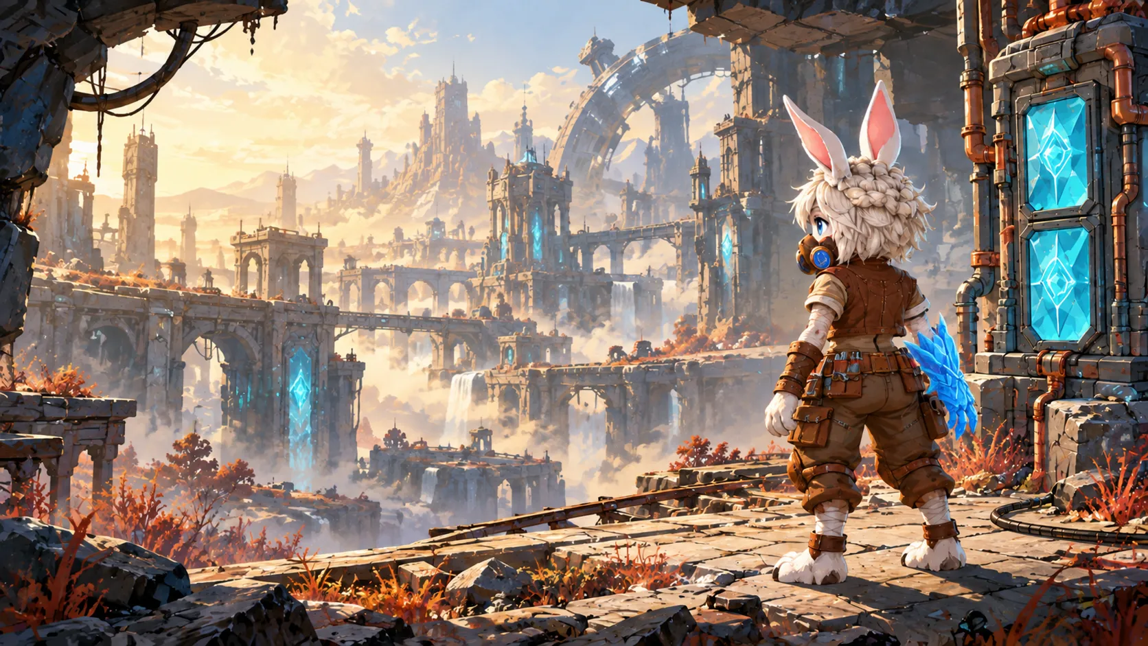 Patch, a masked white rabbit explorer, looking out over the ruins of the surface world.