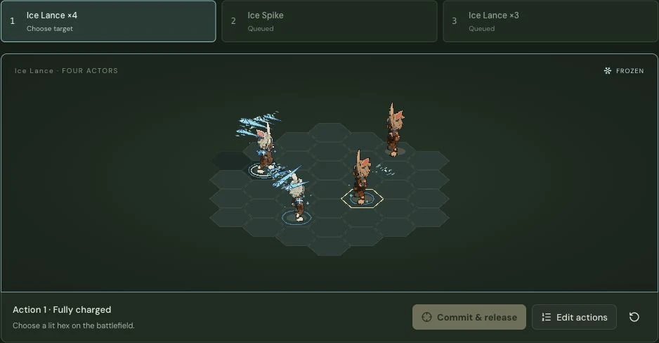 The Otherkind combat prototype: four rabbit characters on a hex battlefield, with three locked actions and Ice Lance ready to target.
