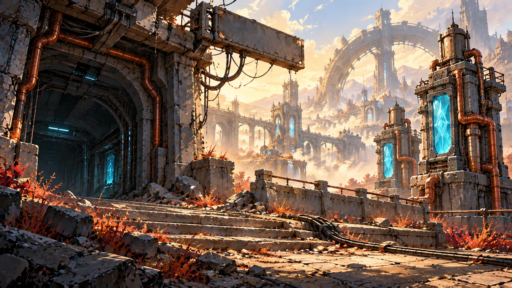 A ruined surface checkpoint with copper pipes and glowing cyan crystal filters.