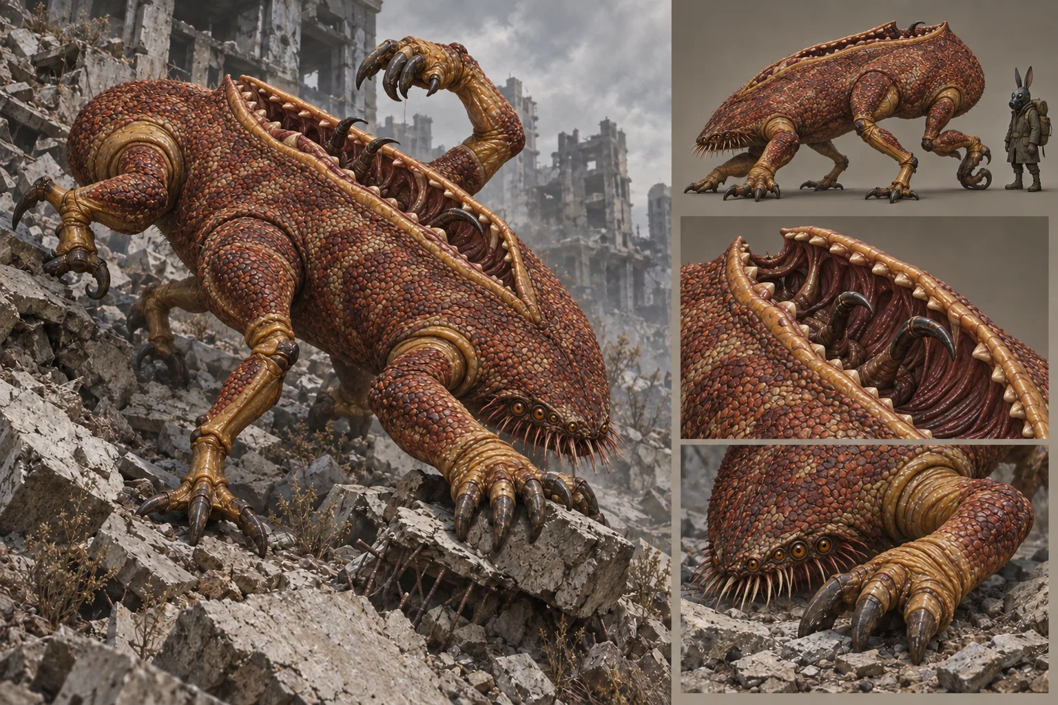 A rust-red surface creature gripping the rubble with hooked limbs, its back opening into a tooth-lined maw.